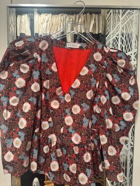 RHODE Floral Puff-Sleeve Peplum Top in Red, Teal & White